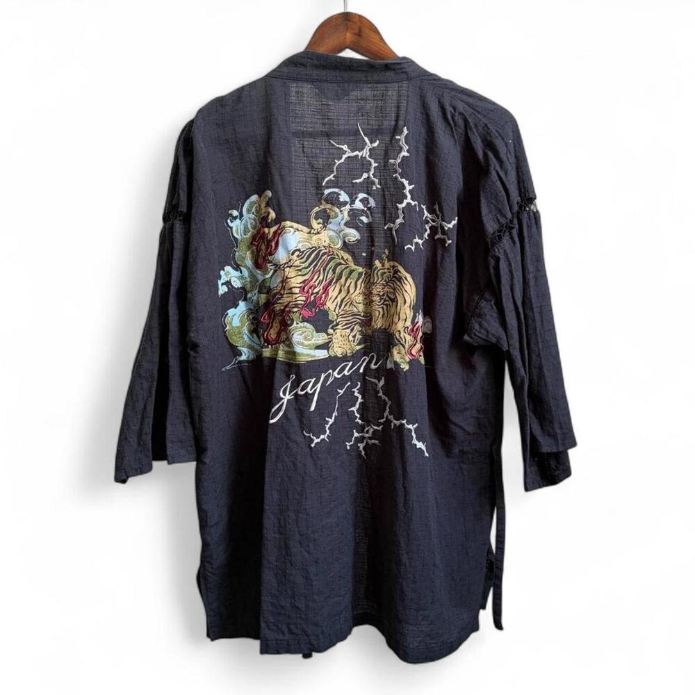Vintage Japanese Embroidered Tiger Thunder Haori Mens XL Kimono Jacket
